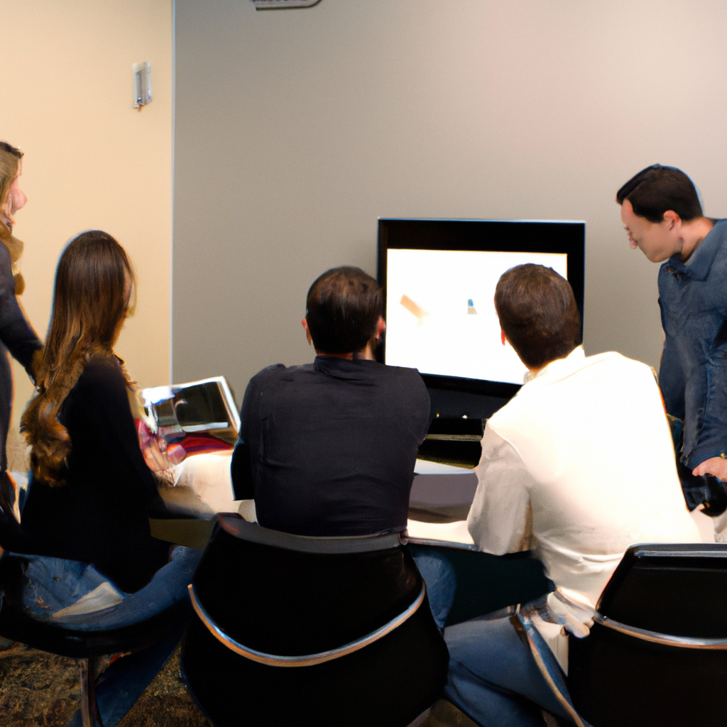 Команда в современном офисе, обсуждает стратегию у доски